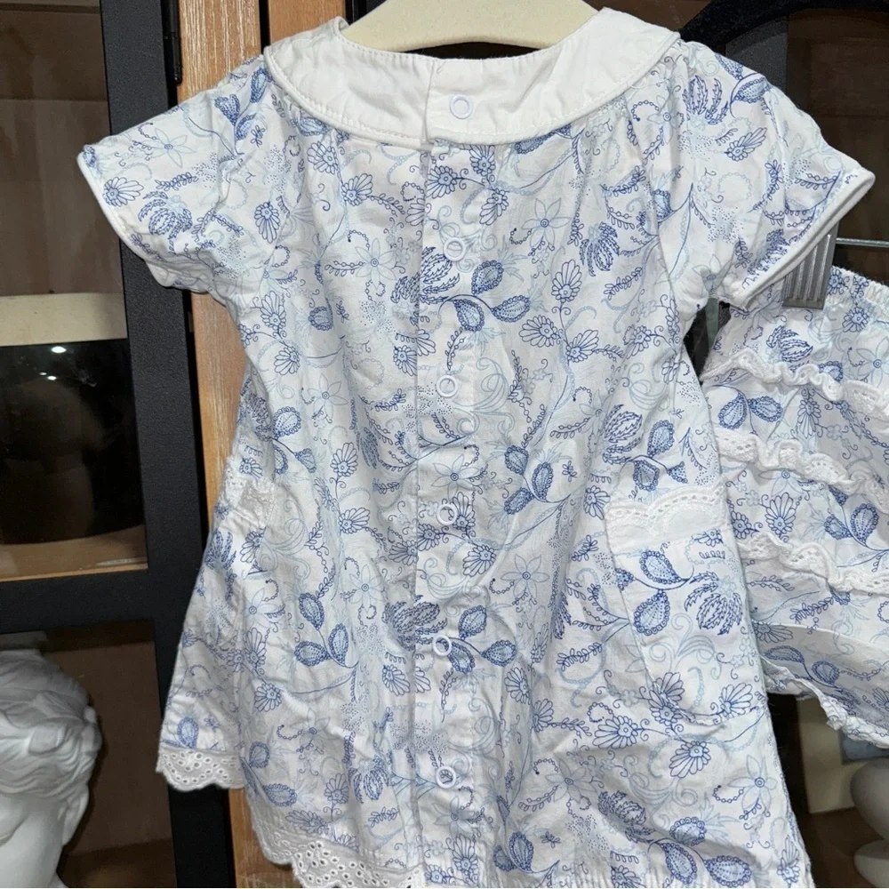 Lullaby Club diaper set baby girl toile print floral bows ruffles eyelet dress